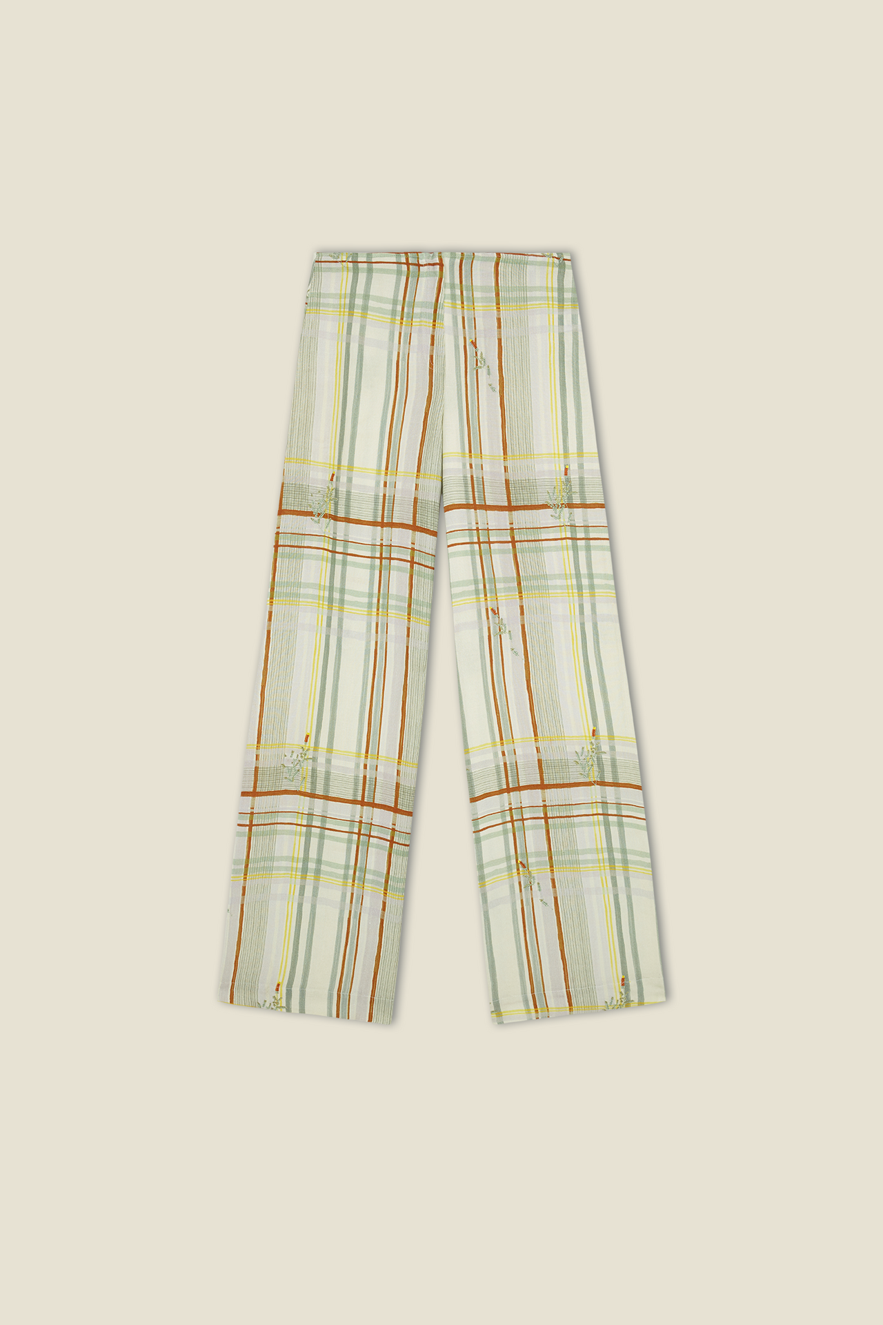 Plaid wide-leg trousers in light fabric with yellow and orange grid stripes