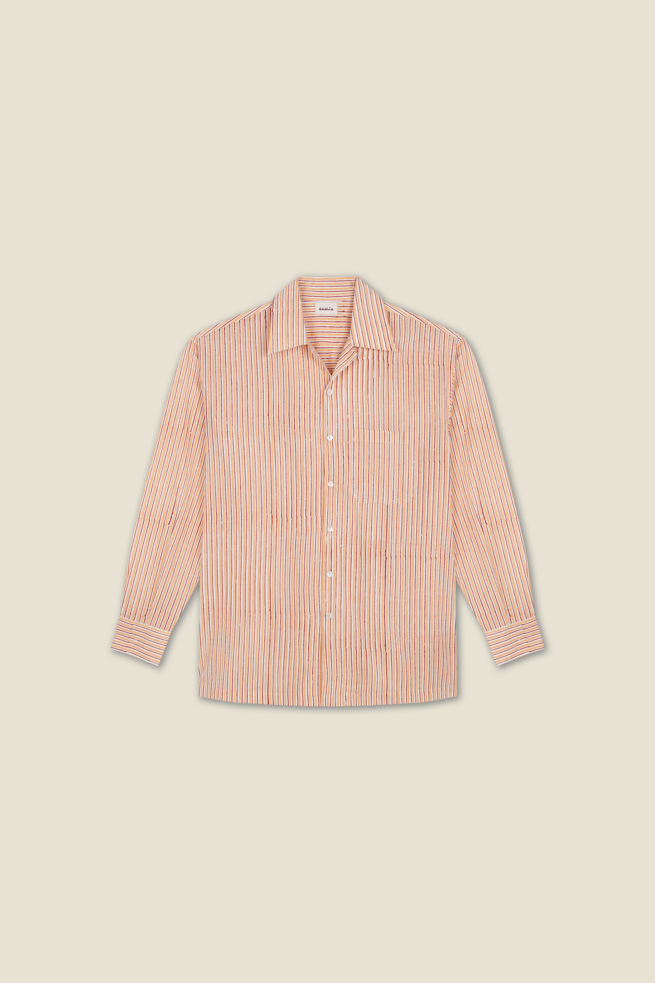 Orange and blue striped button-up shirt with point collar and 3/4 sleeves