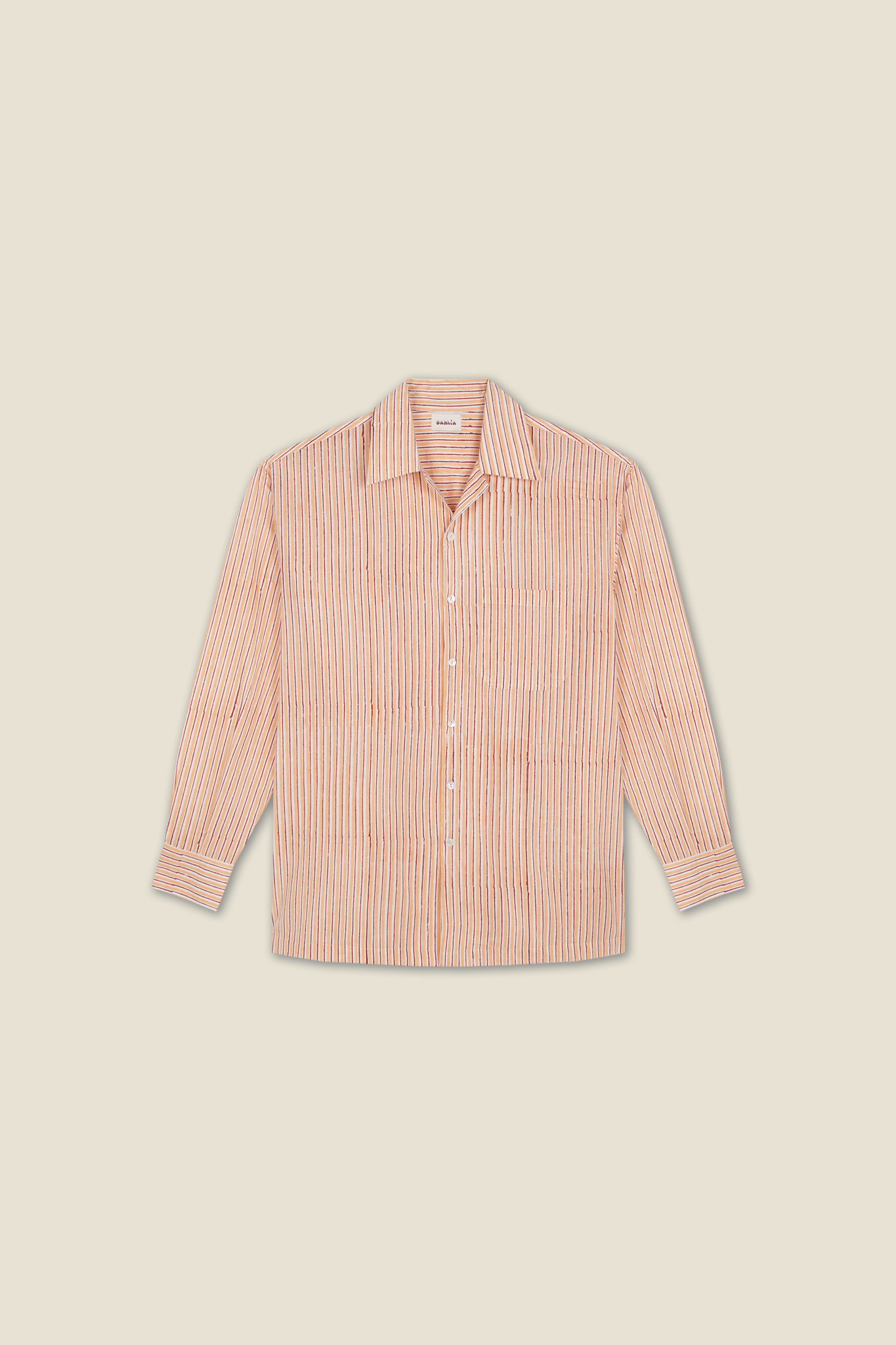 Orange and blue striped button-up shirt with point collar and 3/4 sleeves