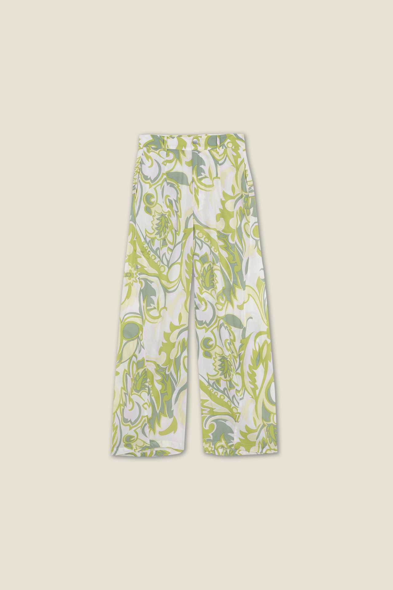 Green Samba trousers with white base and bold vine-pattern print, wide-leg fit
