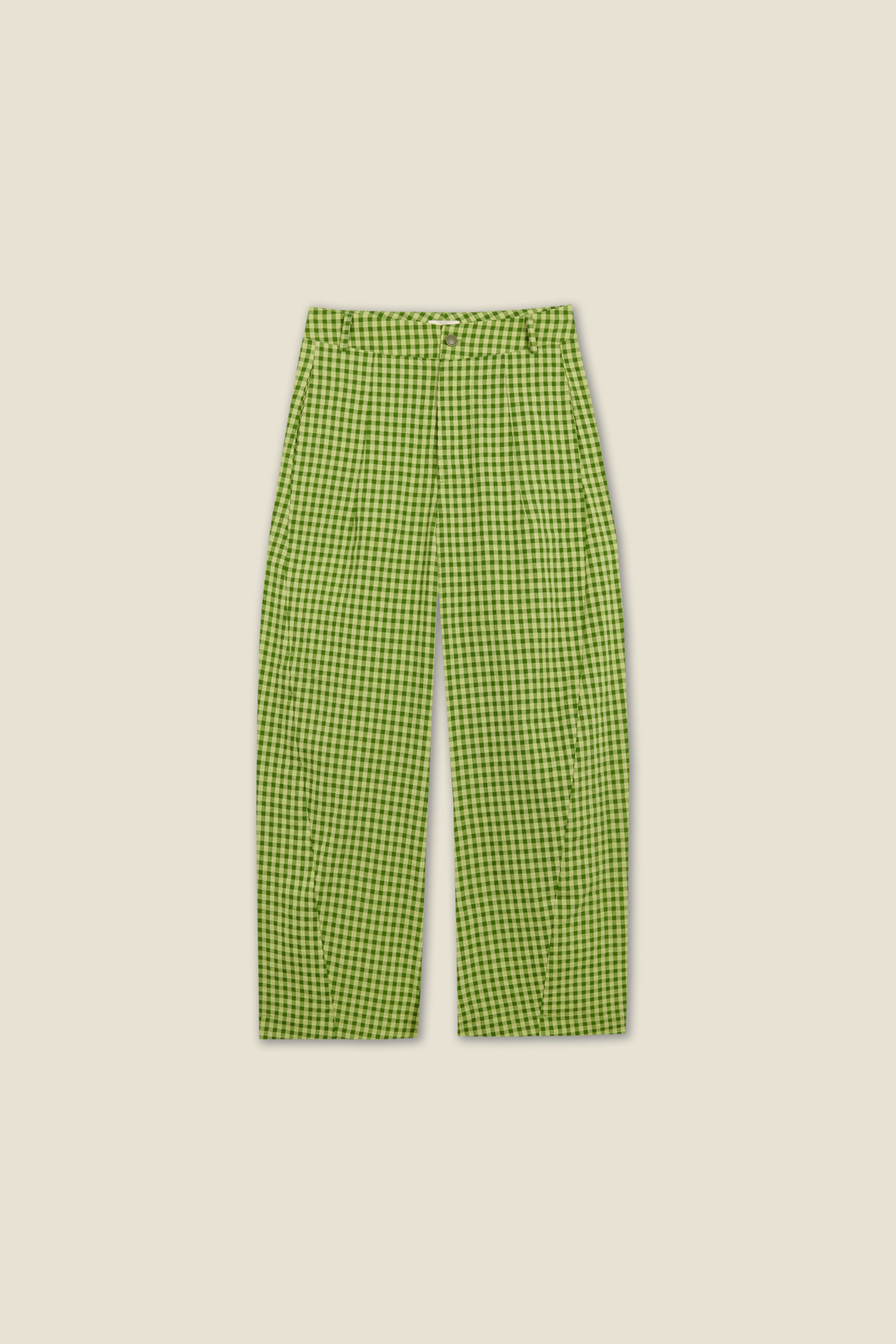 Samba Trousers in matcha green vichy, low-rise wide-leg with ankle ties, front view