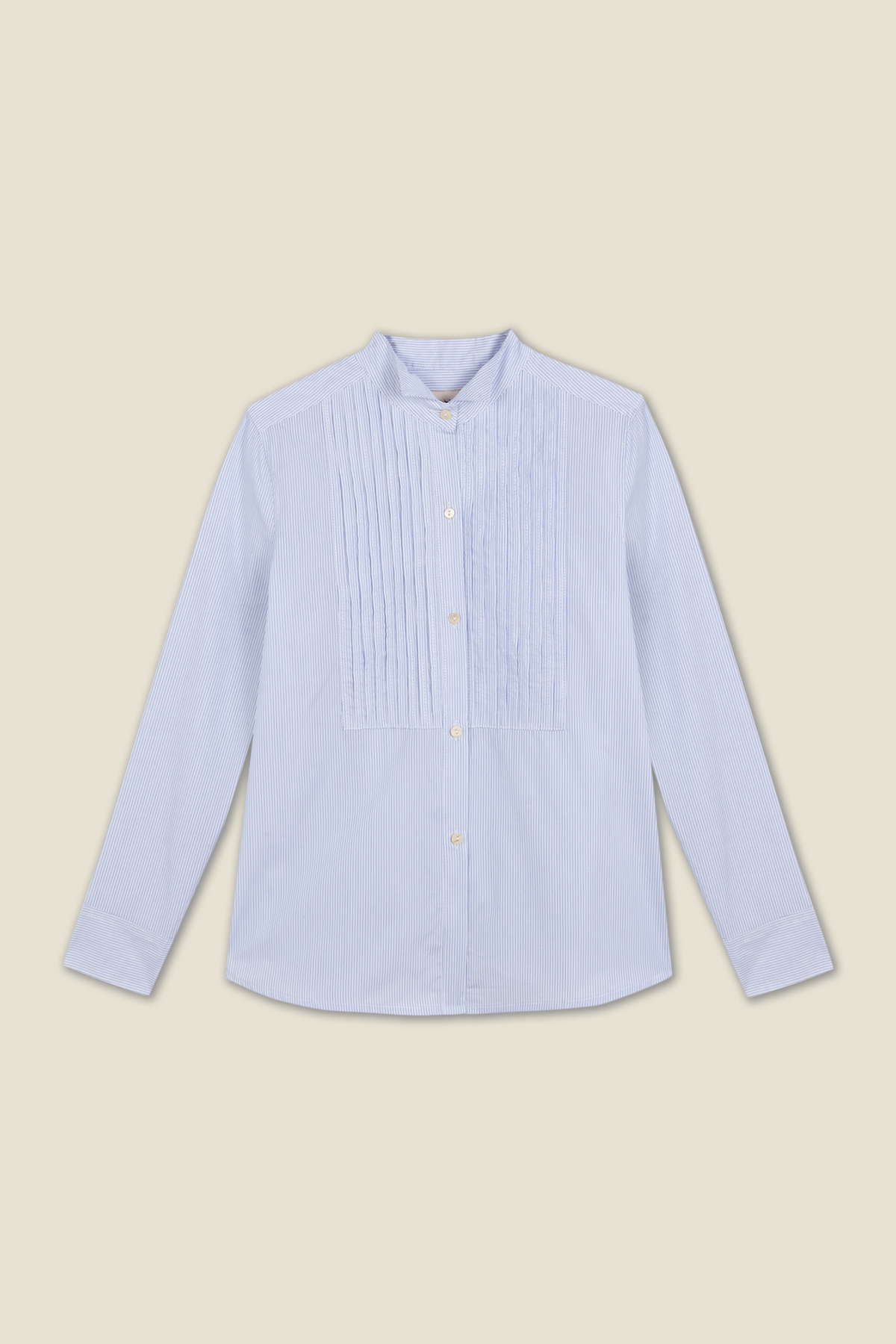 Light blue striped dress shirt with stand collar, long sleeves, button front