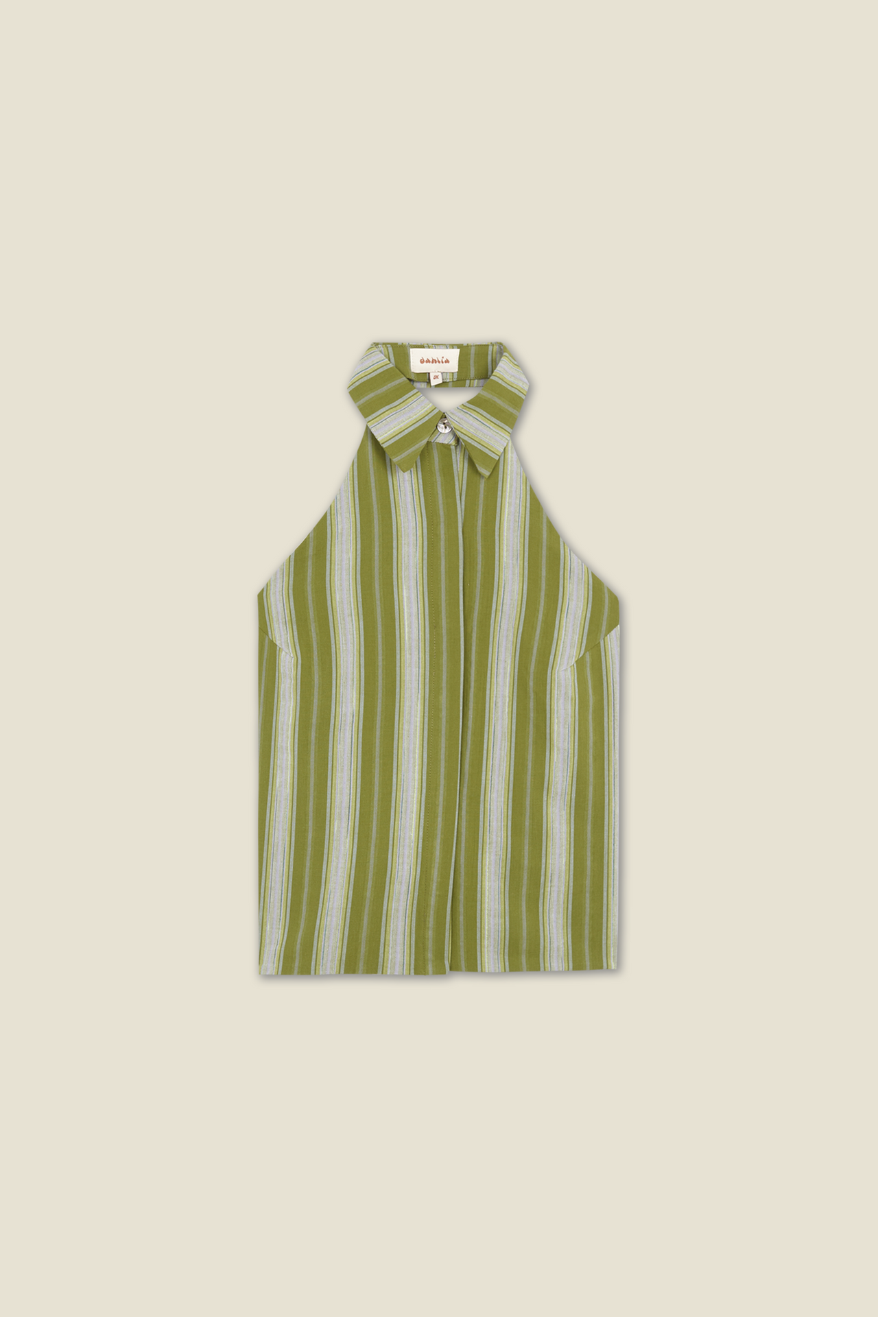 Green-striped sleeveless top with pointed collar and button front