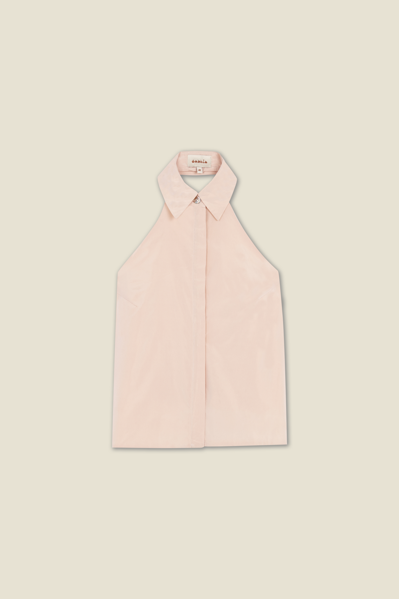 Sleeveless pink button-up top with pointed collar and front placket