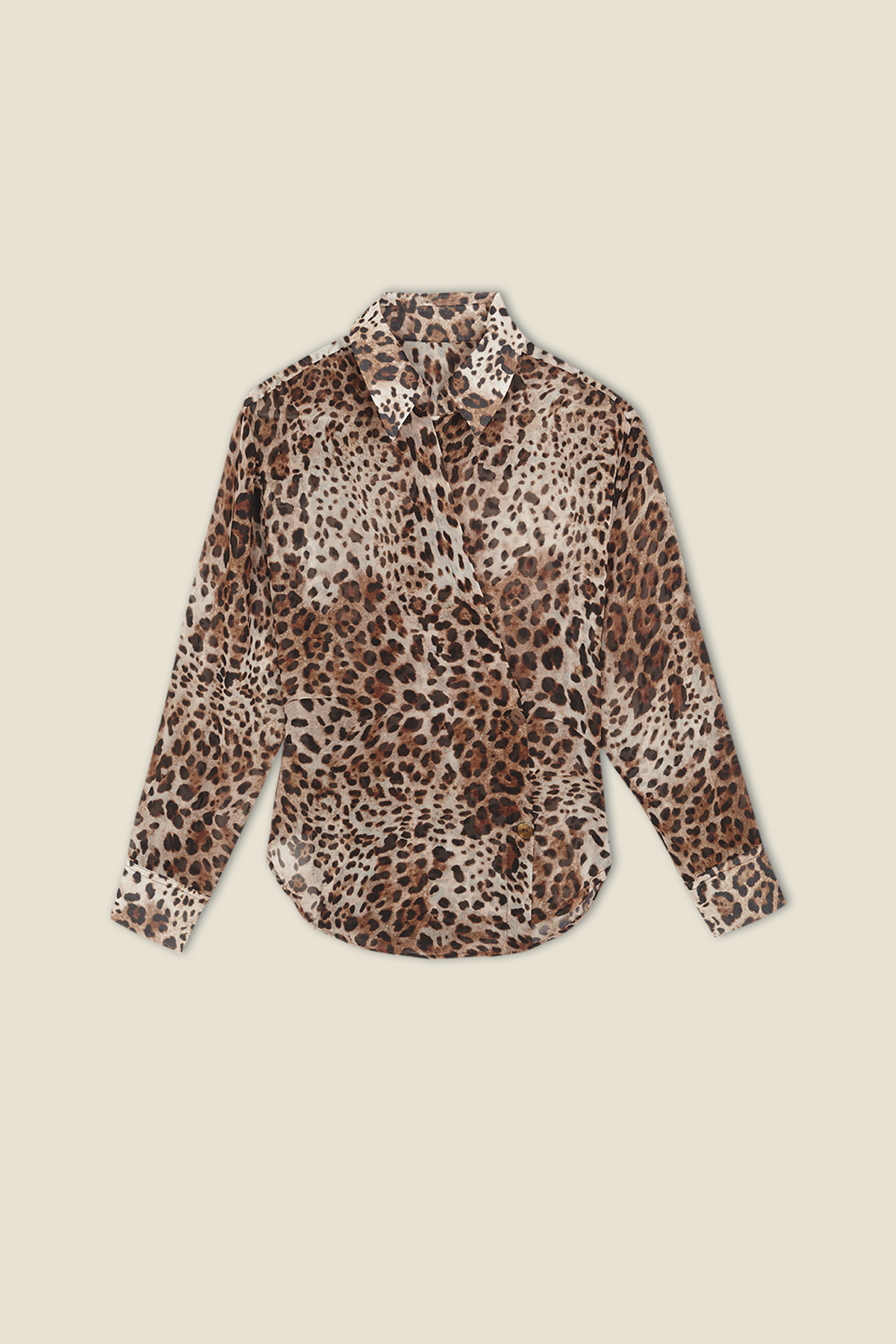 Stella shirt, brown-and-cream leopard-print with collared button front and long sleeves.
