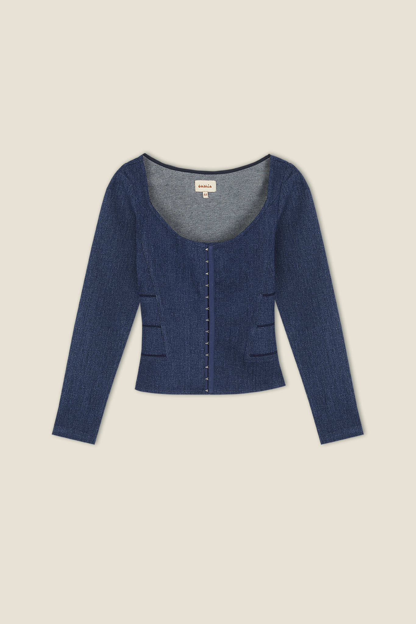 Dark blue denim-like fitted top with scoop neckline, button front and flap chest pockets