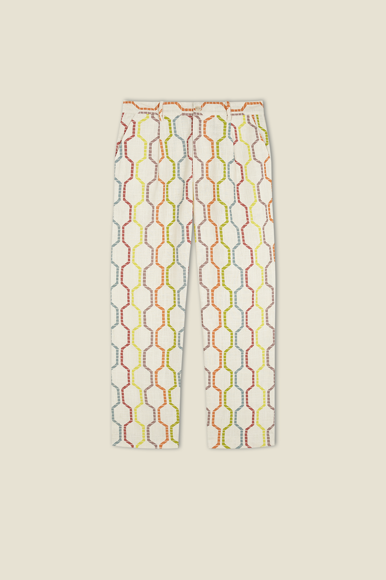 Tony trousers with drawstring waist, off-white and multicolor linked pattern.