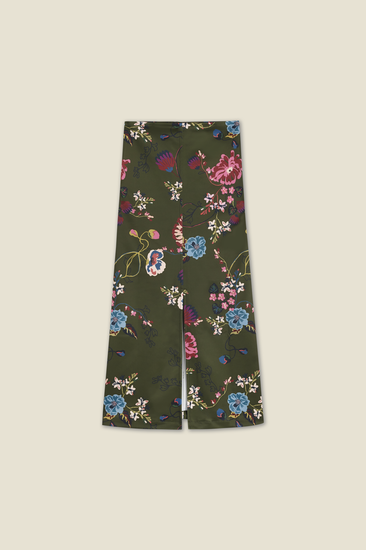 Floral tube skirt in dark green with multicolor flowers and birds, laid flat