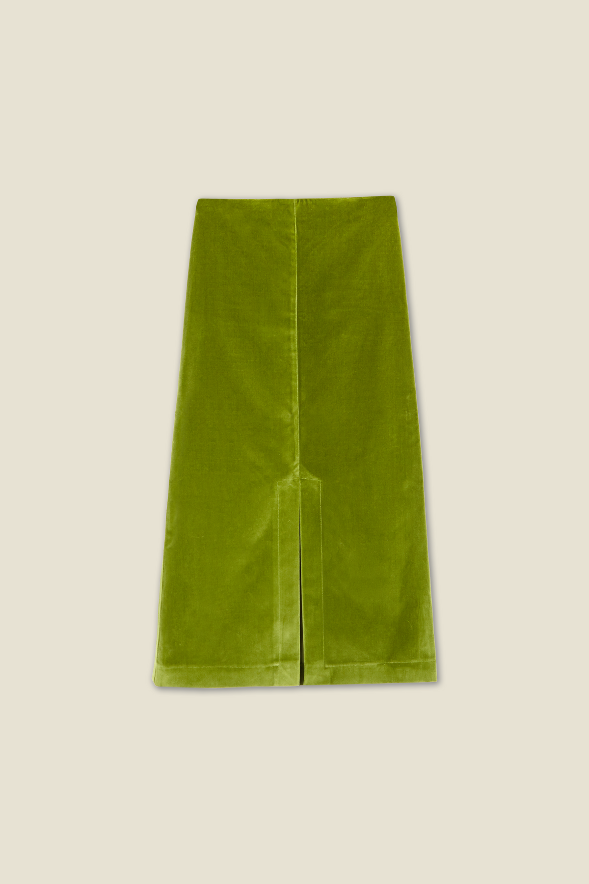 Pistachio green tube skirt with vertical center seam, midi length