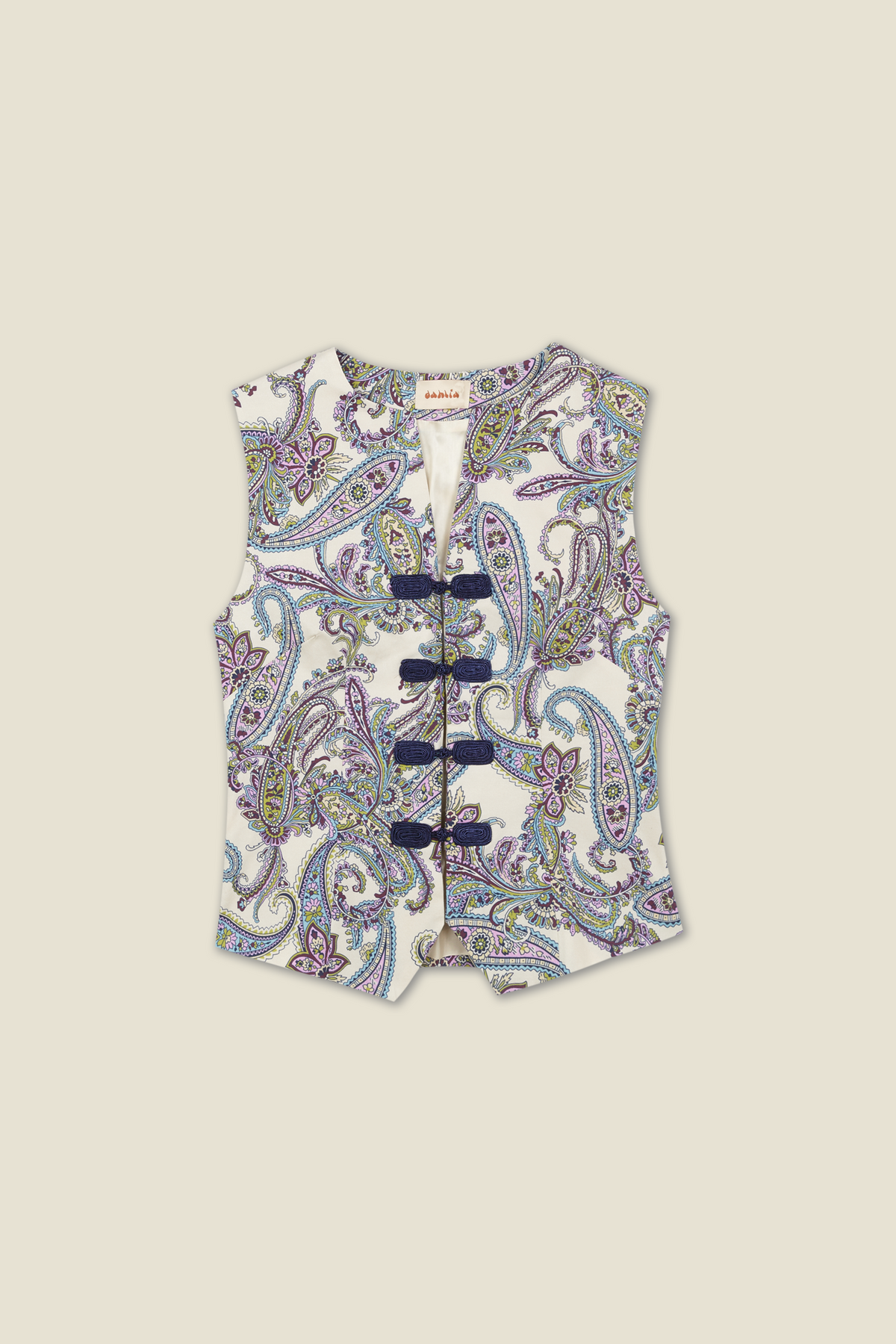 Virgi Vest in paisley print with navy knot-loop closures, front view