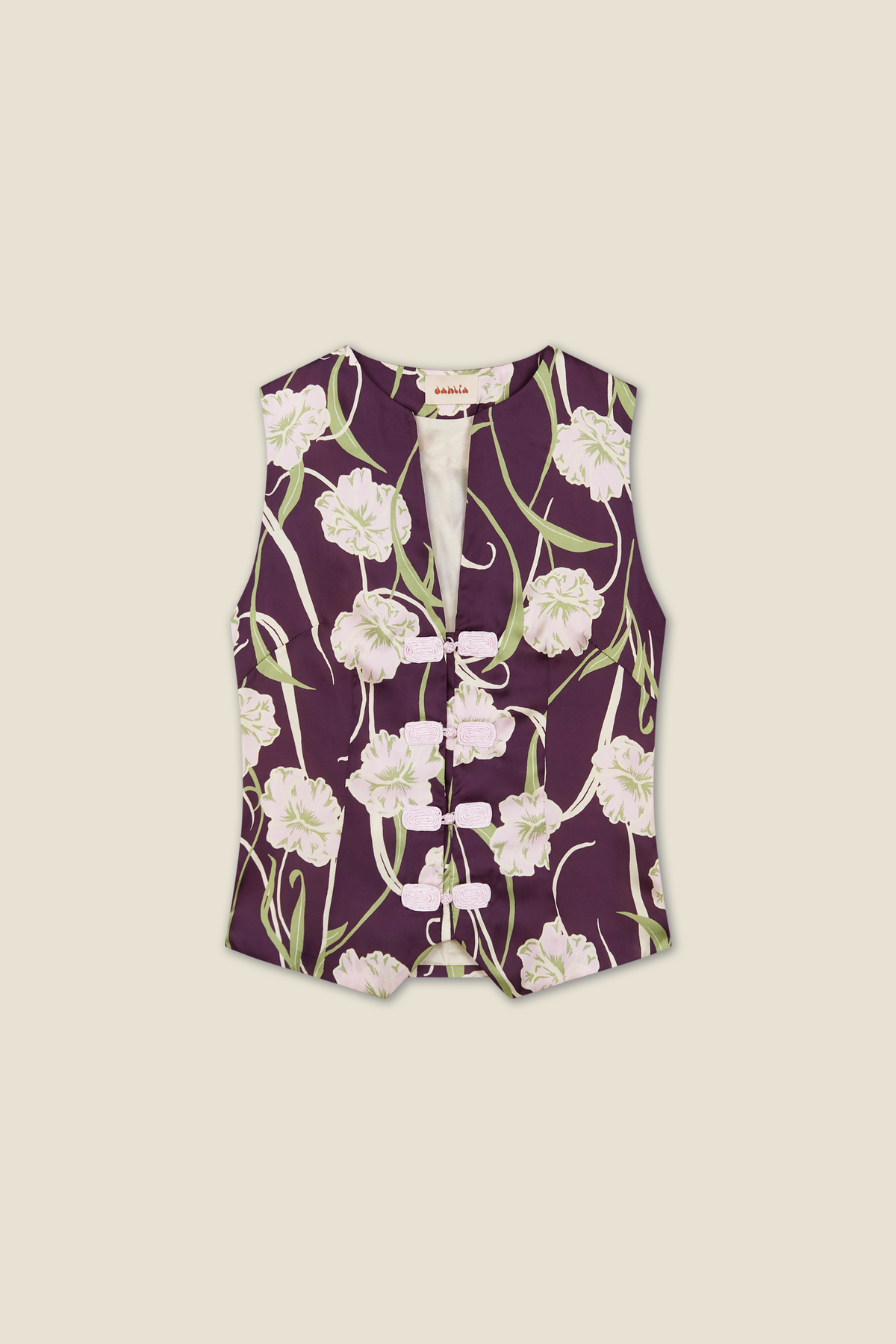 Aubergine floral sleeveless vest with button front and scoop neckline