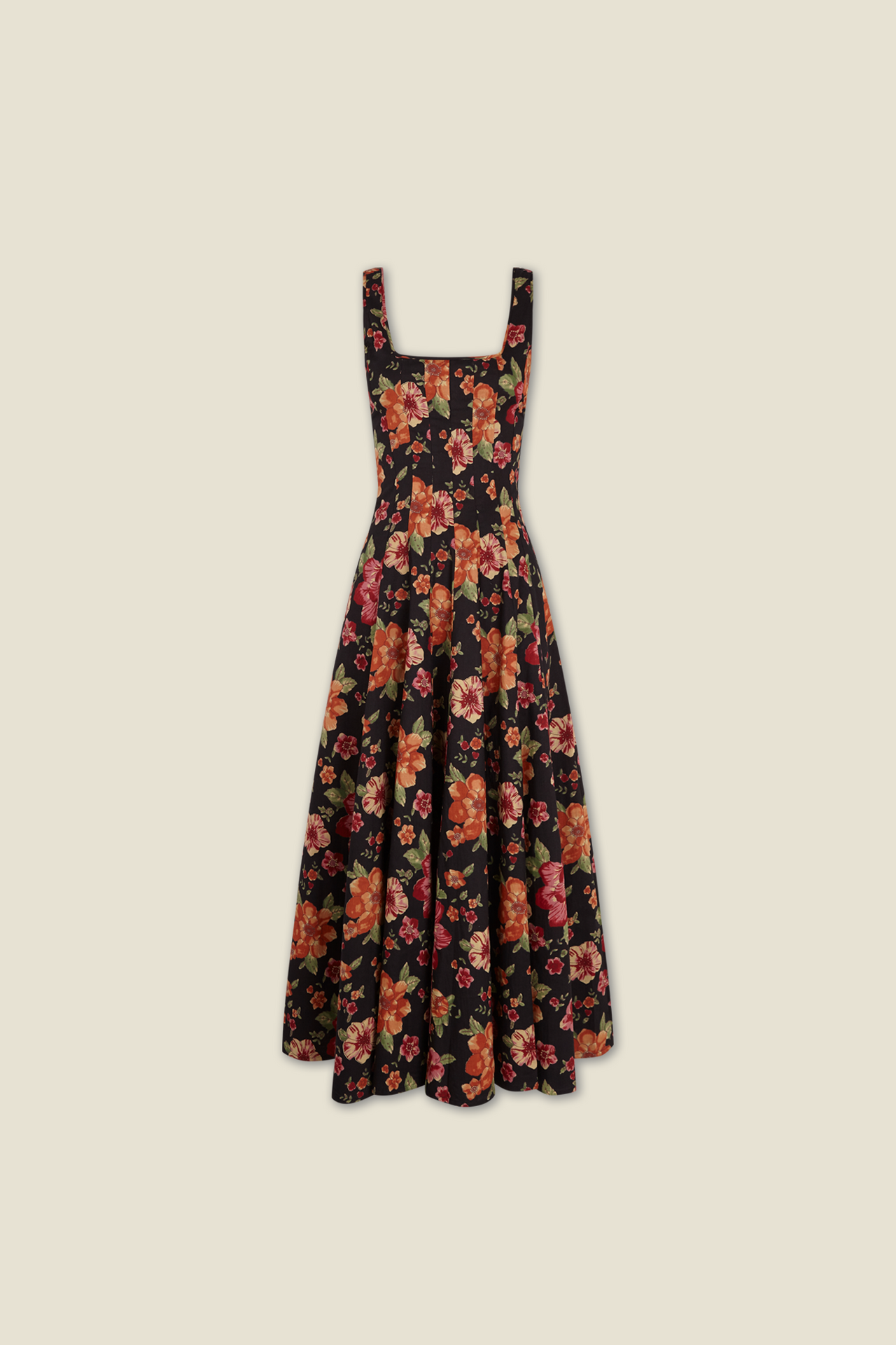 Audrey dress black floral print, sleeveless square neck, fitted bodice, flared skirt