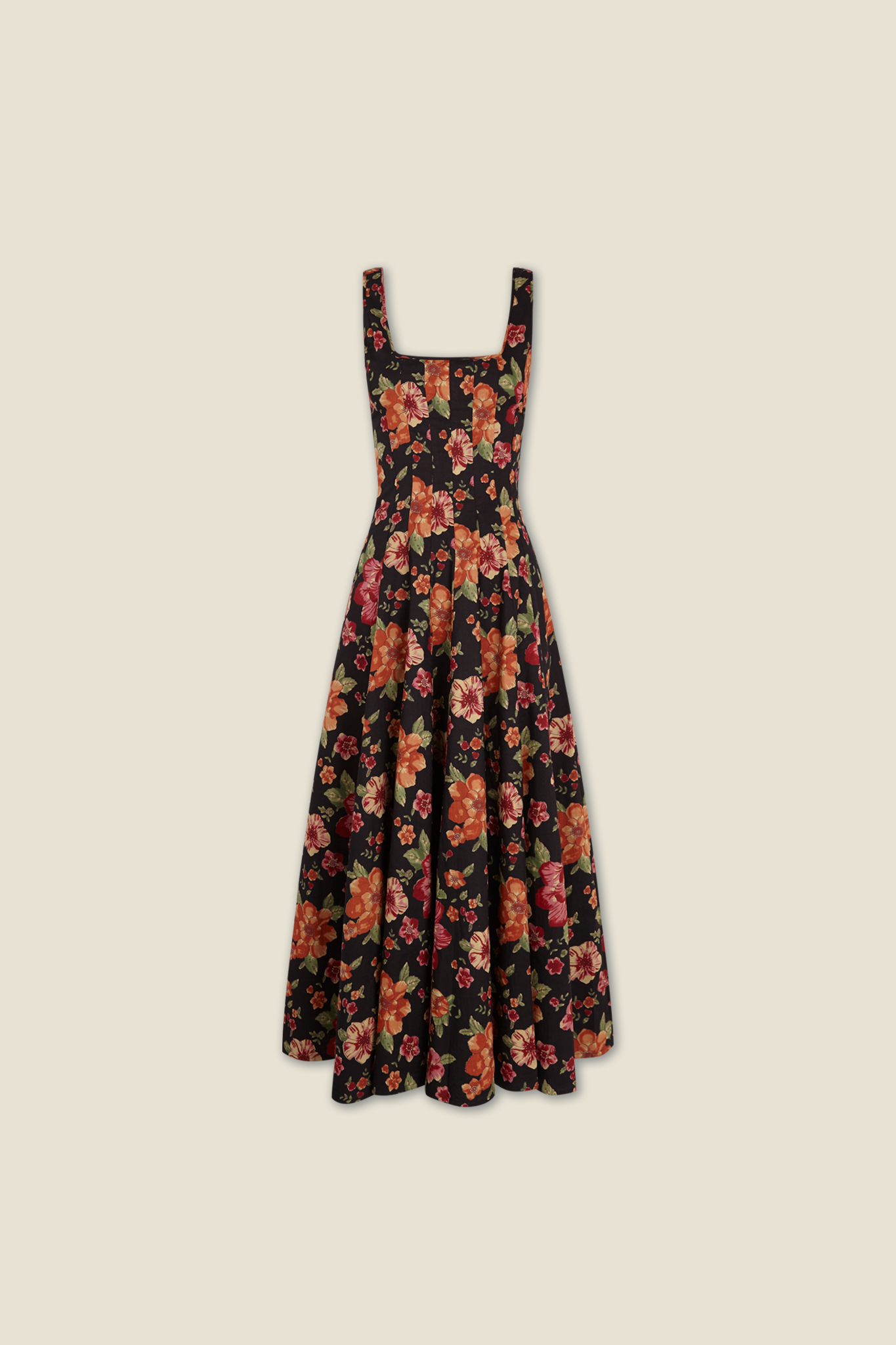 Audrey dress black floral print, sleeveless square neck, fitted bodice, flared skirt