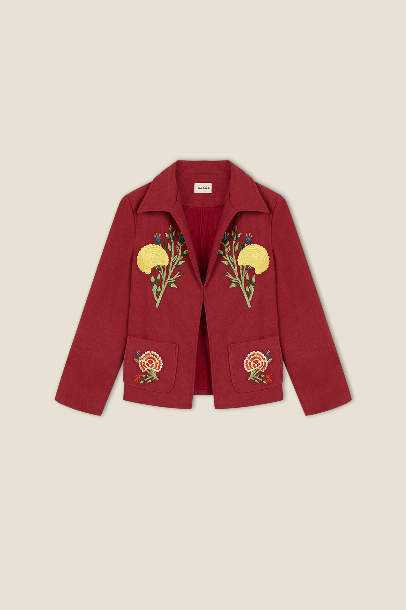 Burgundy western jacket with embroidered floral panels and two front flap pockets