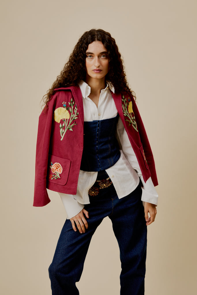 Western jacket in burgundy with floral embroidery, spread collar, and front pockets